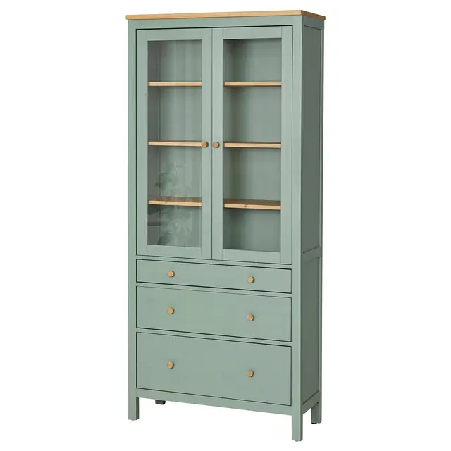 HEMNES Шафа-вітрина з 3 шухлядами - сіро-зелений/світло-коричнева морилка 90x197 см
