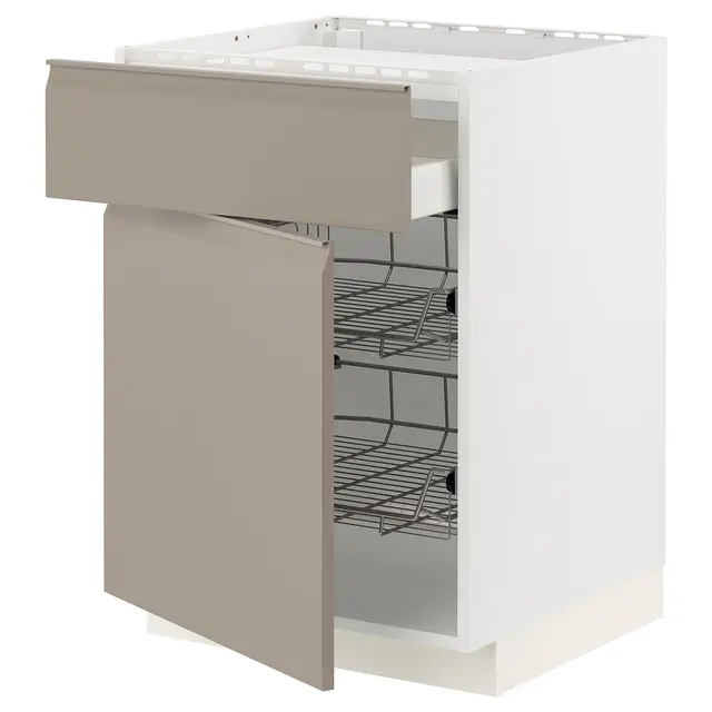 METOD / MAXIMERA Підлогова шафка для варильної поверхні/шухляда/2 дротяні кошики - білий/Upplöv матовий темно-бежевий 60x60 см