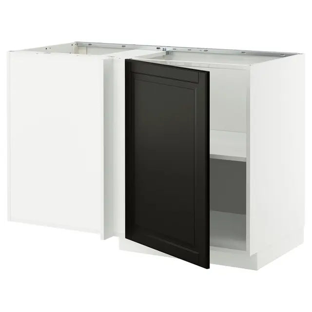 METOD Кутова підлогова шафка з полицею - білий/Bodbyn чорний 128x68 см