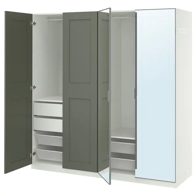 PAX / KAMMARTORP/GRIMO Комбінація шафи - білий дзеркало/сірий сіро-зелений 200x60x201 см