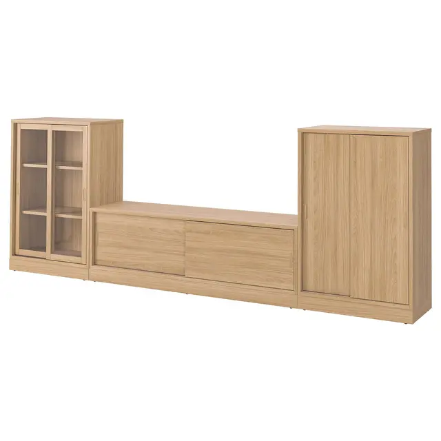 TONSTAD Тумба під ТВ з розсувними дверима - дуб. шпон/прозоре скло 342x37x120 см